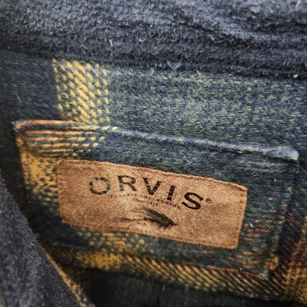 Orvis Shirt Shacket Medium Blue Yellow Plaid Chore Cottage Western Flannel Heavy